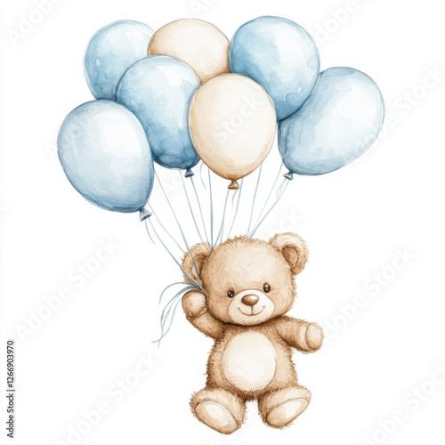 A watercolour style illustration of a teddy bear holding many balloons, it is floating. The teddy bear is light brown colour and the balloons are light blue and white colours.