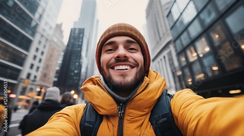 A man taking a selfie in the middle of a busy city street. photo