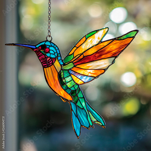 Colorful stained glass hummingbird suncatcher hanging by a window, illuminated by sunlight, creating a vibrant decorative effect