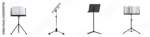 Professional adjustable music stand with sheet music score for orchestra or band performance on stage or in studio  Music equipment for musicians composers photo