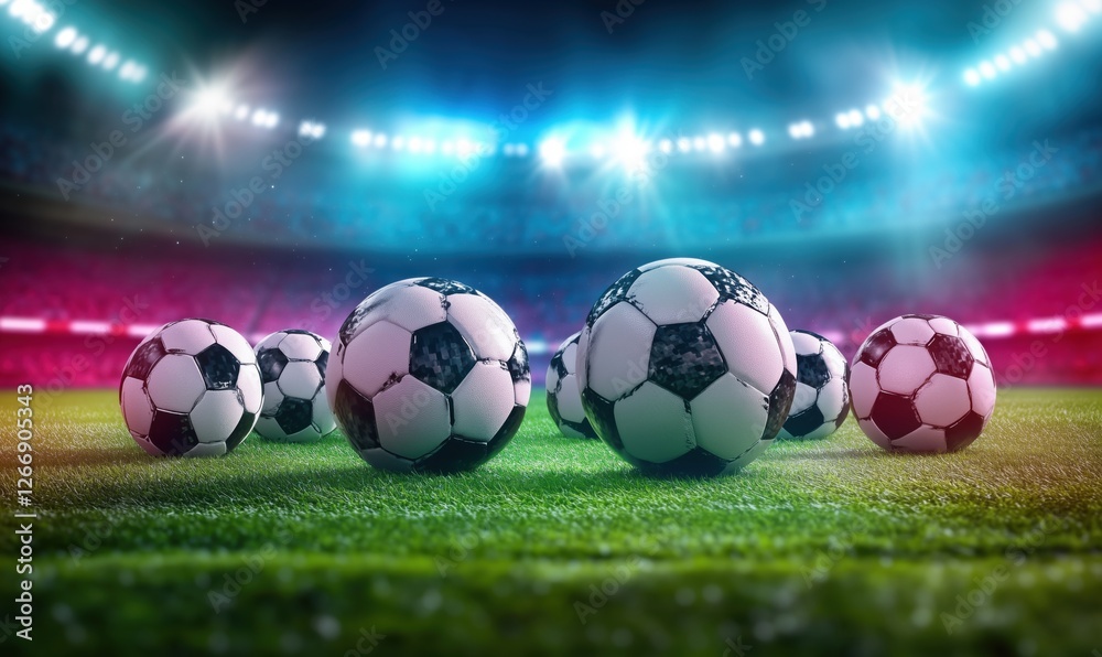 Fototapeta premium Soccer balls on field with stadium lights creating vibrant atmosphere