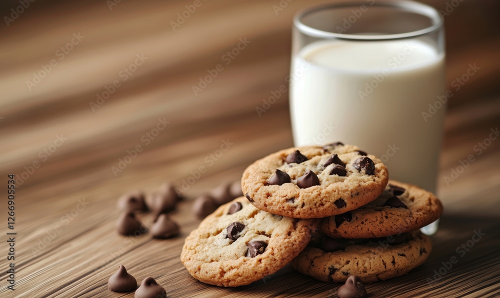 Chocolate chip cookies with milk on wooden table, perfect for dessert or snack Chocolate chip cookies with milk on wooden table, perfect for dessert or snack
