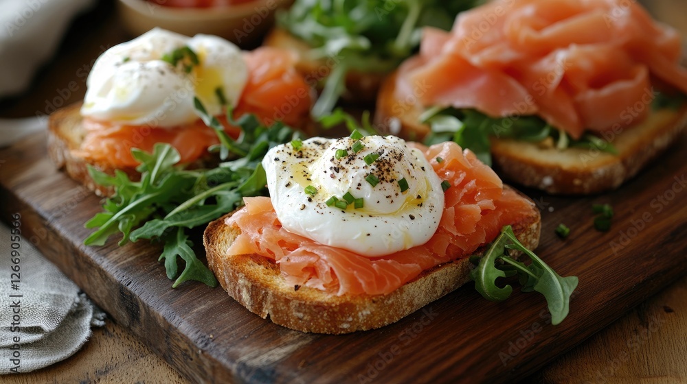 A rustic wooden table setting with a variety of toasts, including one topped with poached eggs and arugula, and another with smoked salmon, showcasing brunch elegance. A rustic wooden table setting with a variety of toasts, including one topped with poached eggs and arugula, and another with smoked salmon, showcasing brunch elegance.