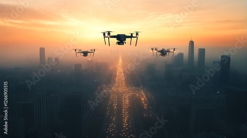 Wallpaper Mural Drones Flying Over A City At Sunset. Torontodigital.ca