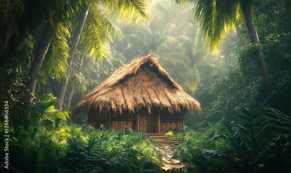 Tropical hut surrounded by lush greenery in a serene jungle setting Tropical hut surrounded by lush greenery in a serene jungle setting