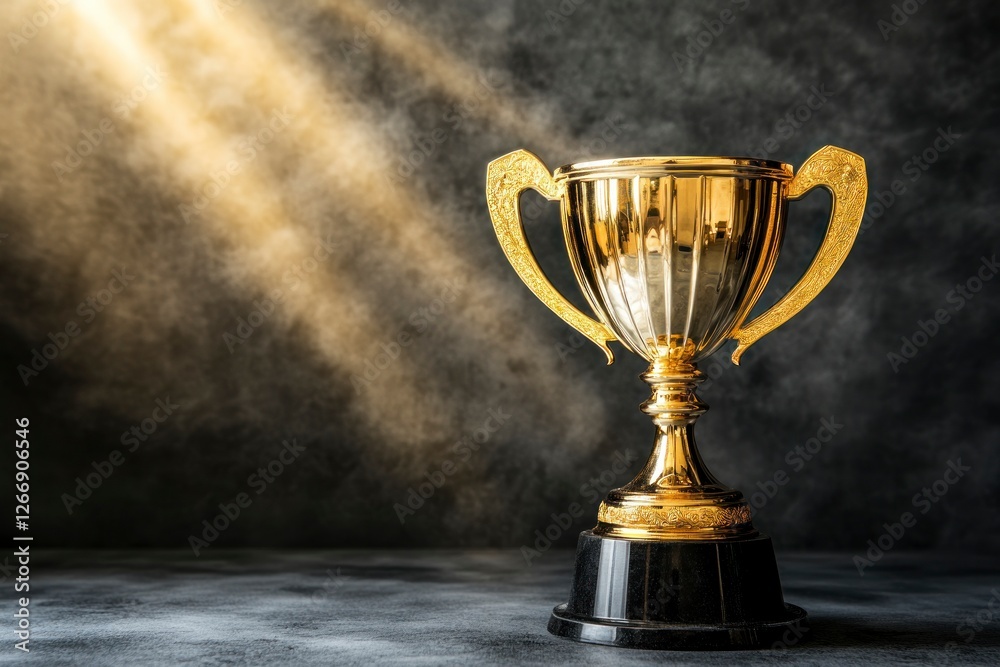 olden trophy with rays of light shining down on it, symbolizing the victory and achievement that comes from winning an award or competition. olden trophy with rays of light shining down on it, symbolizing the victory and achievement that comes from winning an award or competition.