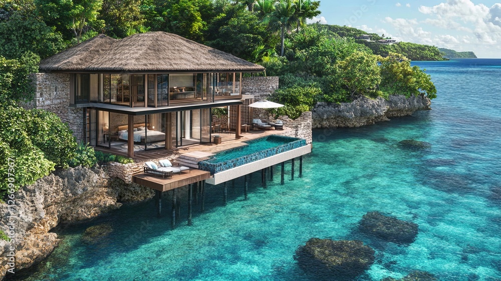 A secluded overwater bungalow surrounded by clear turquoise waters and vibrant tropical greenery. digital A secluded overwater bungalow surrounded by clear turquoise waters and vibrant tropical greenery. digital