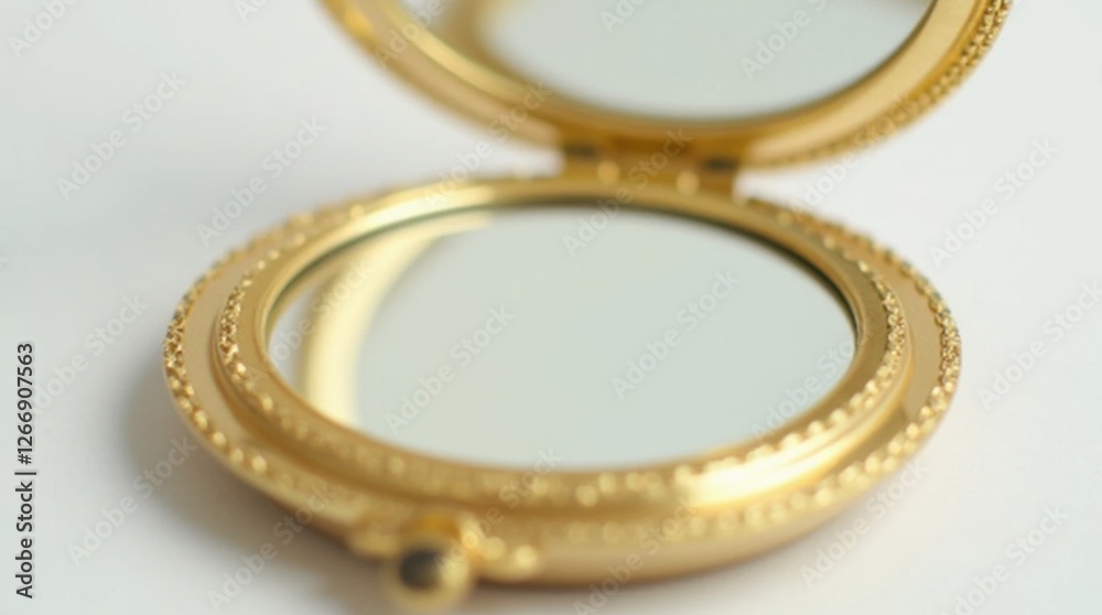 Golden Pocket Mirror with Ornate Design Reflecting Soft Light Golden Pocket Mirror with Ornate Design Reflecting Soft Light