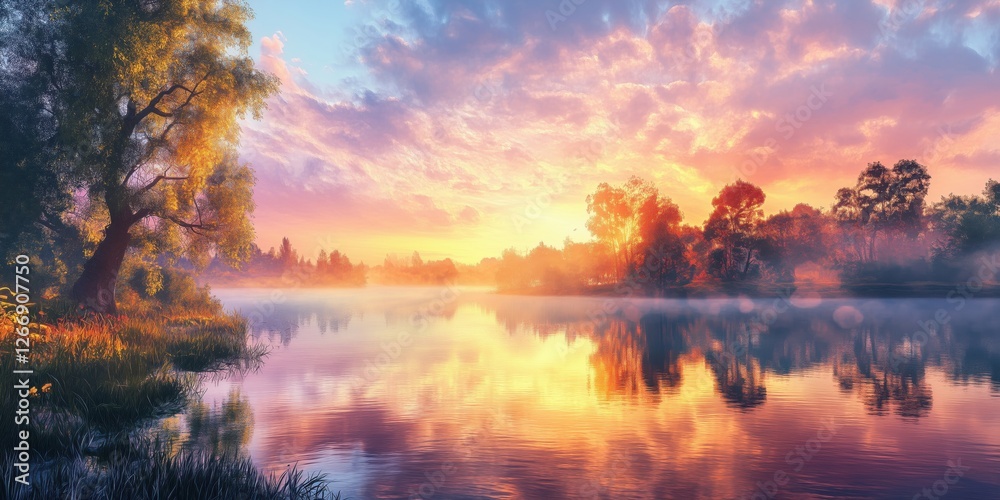 Stunning sunset reflection over tranquil lake surrounded by lush trees and vibrant sky