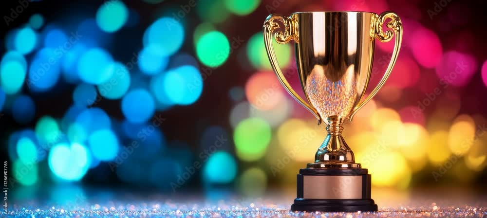 Trophy award for music or sport nomination winner with bokeh colorful light sparkle background. Generative video AI technology.