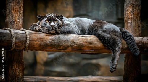 Black jaguar resting on wood, zoo enclosure, blurred background, wildlife conservation