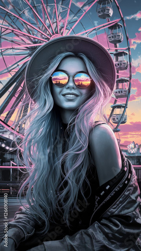 Stunning woman in boho style sitting on bright ferris wheel exhibition platform. generative AI