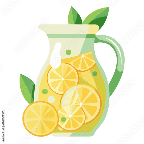 A pitcher filled with refreshing lemonade showcases vibrant lemon slices and green leaves, perfect for a warm summer day in a backyard. Ideal for gatherings and relaxation