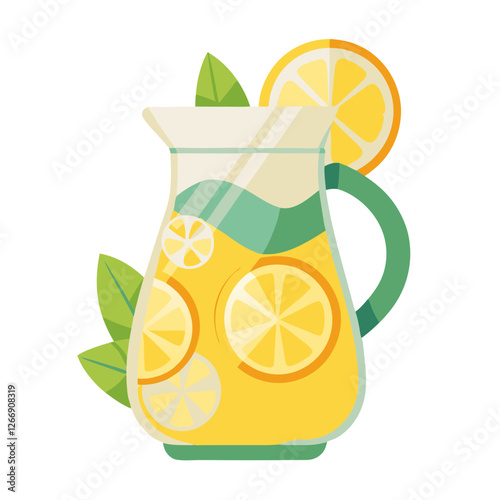 A colorful pitcher filled with refreshing lemonade features lemon slices and fresh mint leaves. The bright kitchen background enhances the vibrant appearance of this chilled drink
