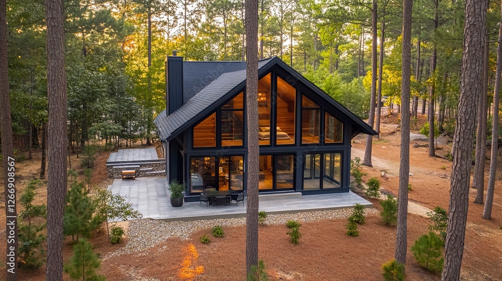 A modern cabin rental surrounded by tall pine trees and subtle landscaping. digital A modern cabin rental surrounded by tall pine trees and subtle landscaping. digital