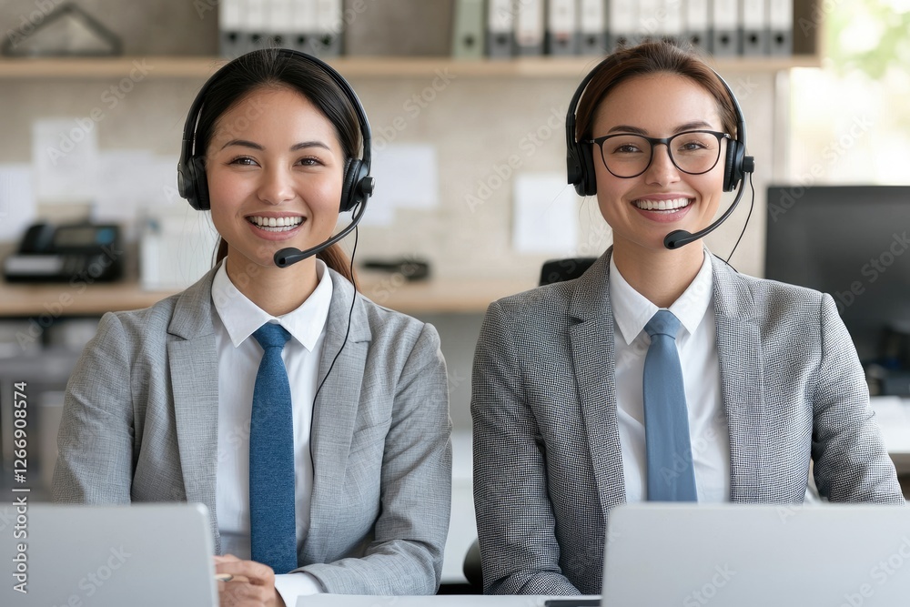 Two smiling women in business attire wearing headsets, seated at a desk with laptops, suggesting a customer service or call center environment. Two smiling women in business attire wearing headsets, seated at a desk with laptops, suggesting a customer service or call center environment.