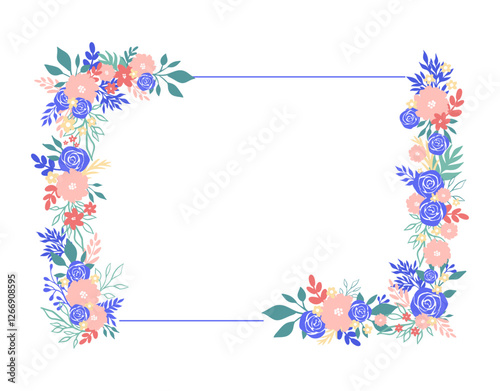Rectangular flower frame with blue roses and plants for retro decoration. This frame is perfect for making an invitation, table card, postcard or any of your designs. Vector illustration