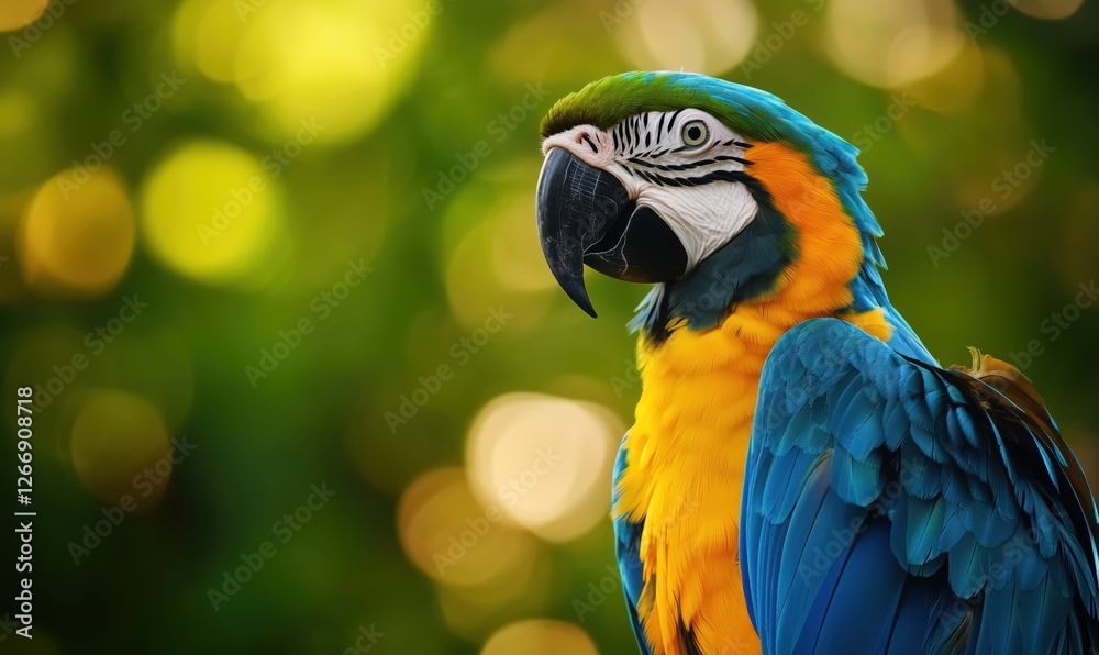 Vibrant blue and yellow macaw perched against a blurred green background Vibrant blue and yellow macaw perched against a blurred green background