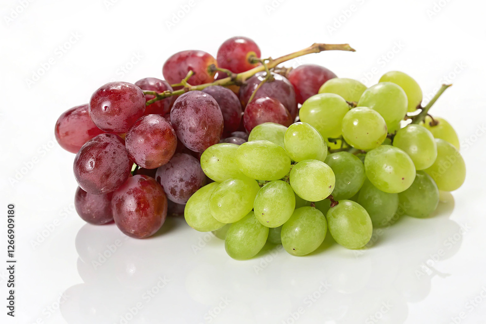 Red and Green Grapes: Clusters of ripe red and green grapes, glistening with dew, sit side by side, showcasing their vibrant colors and natural sweetness. Red and Green Grapes: Clusters of ripe red and green grapes, glistening with dew, sit side by side, showcasing their vibrant colors and natural sweetness.
