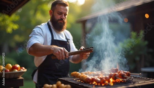 chef man at barbecue and grill hold utensil, copy space. chef man at barbecue and grill outdoor.