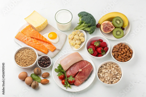 Wallpaper Mural Balanced Diet: A vibrant and diverse array of healthy foods including salmon, eggs, cheese, milk, broccoli, banana, kiwi, strawberries, almonds, oats, pork, and whole wheat. Torontodigital.ca