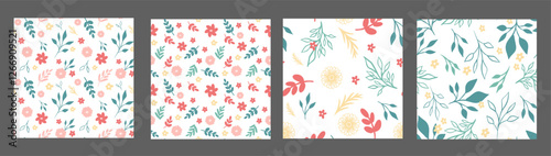A set of seamless patterns with flowers and plants in bright colors. This pattern is perfect for fabric, wrapping paper, or product design. Vector illustration