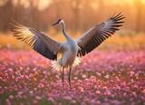 A graceful crane with outstretched wings standing amidst a field of pink flower petals