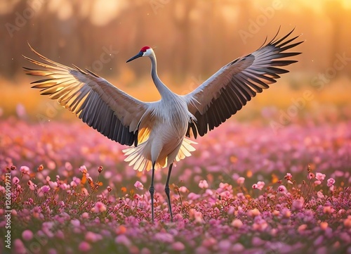Wallpaper Mural A graceful crane with outstretched wings standing amidst a field of pink flower petals Torontodigital.ca