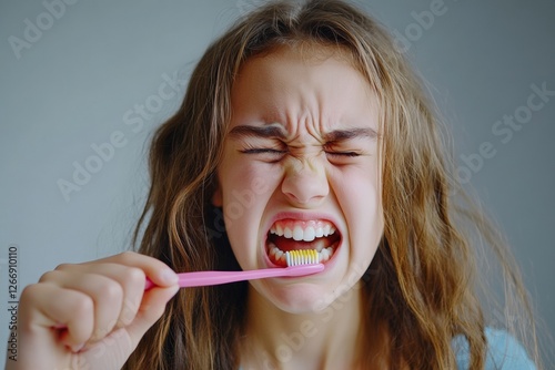 Teenager flinching while brushing teeth with a toothbrush in morning bathroom. Generative AI