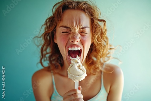 Woman reacts dramatically after biting into a cold treat in bright setting. Generative AI