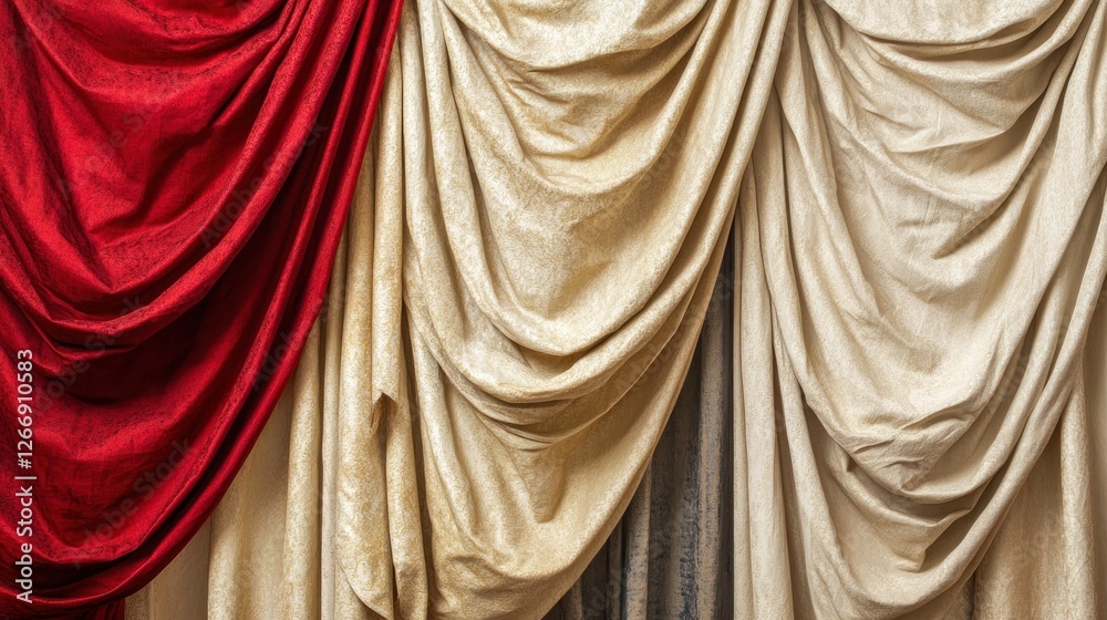 Fototapeta premium Draped red and cream colored theater curtains.