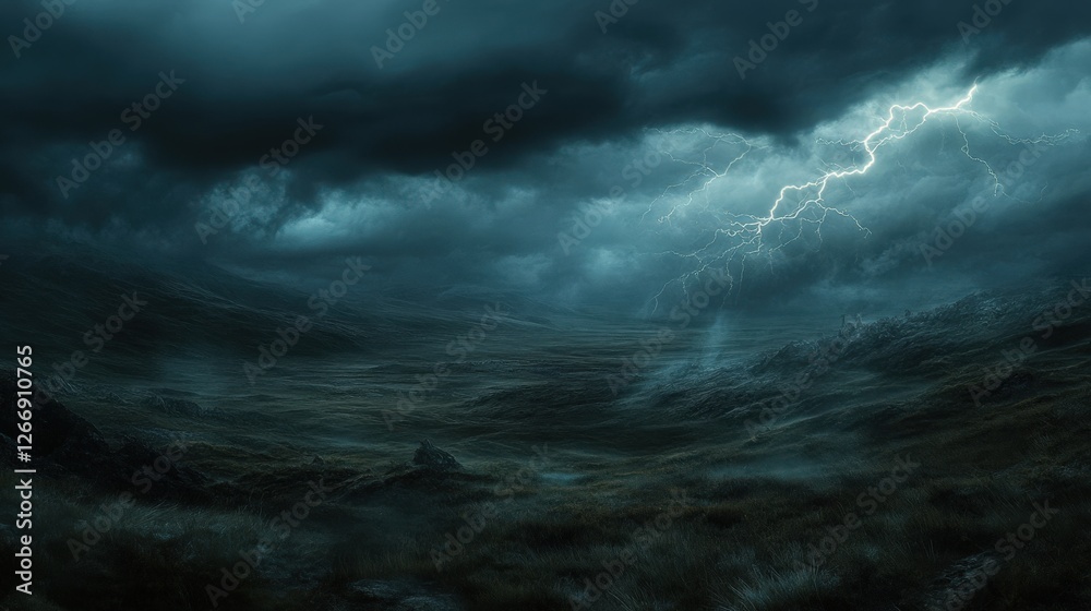 Dramatic stormy landscape with dark clouds and lightning illuminating a vast, eerie terrain Dramatic stormy landscape with dark clouds and lightning illuminating a vast, eerie terrain