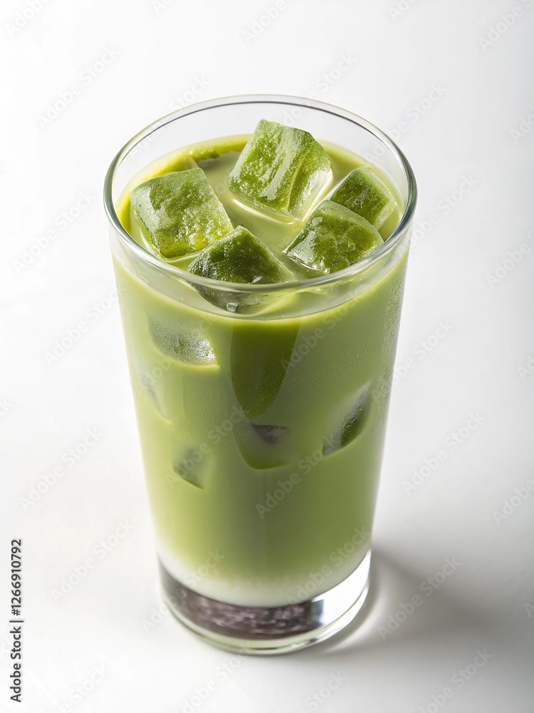 Refreshing Iced Matcha Latte: A tall glass of vibrant green iced matcha latte, filled with ice cubes, sits invitingly. The creamy texture and cool refreshment are perfectly captured. Refreshing Iced Matcha Latte: A tall glass of vibrant green iced matcha latte, filled with ice cubes, sits invitingly. The creamy texture and cool refreshment are perfectly captured.