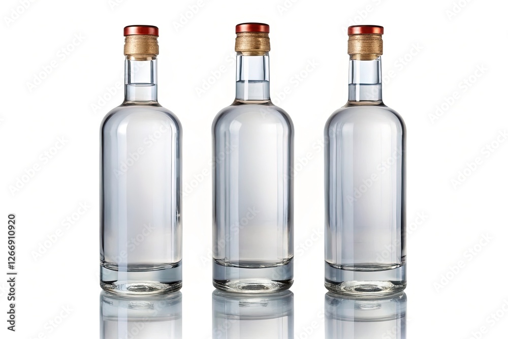 Clear Spirits Bottles with Corks - Three transparent bottles of clear spirits with cork tops, standing upright on a reflective surface.
Clear Spirits Bottles with Corks - Three transparent bottles of clear spirits with cork tops, standing upright on a reflective surface.