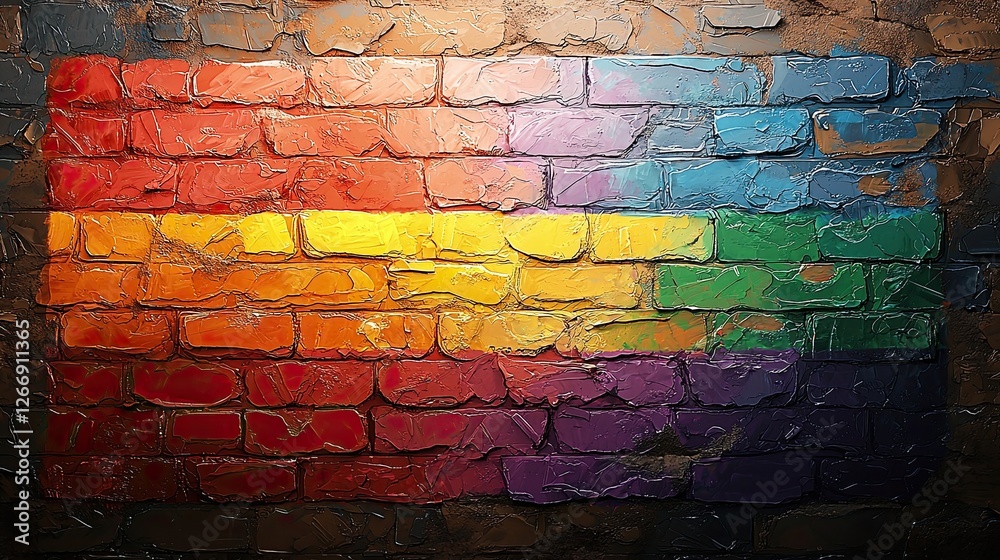 Fototapeta premium Colorful mural depicting rainbow flag pattern on textured brick wall in urban setting
