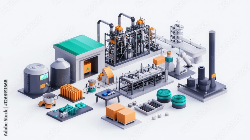 Obraz premium A detailed, colorful 3D rendering of an industrial facility featuring machinery, storage tanks, and various components in a structured layout.