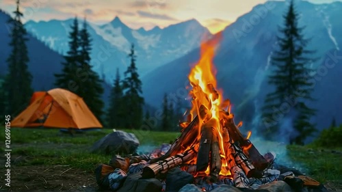 Camping Adventure, Bonfire Flames with Mountain Views and Nature