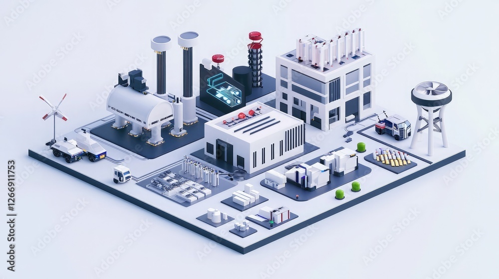 Obraz premium A miniature industrial complex featuring factories, wind turbines, and storage units, showcasing modern manufacturing and energy production elements.