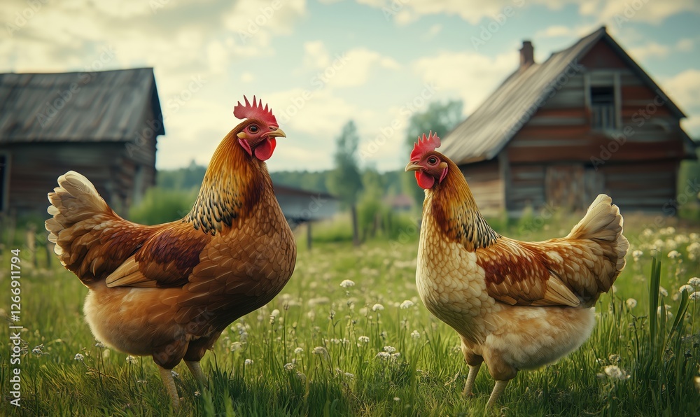 Fototapeta premium Two happy chickens in a sunny farmyard with rustic buildings in the background