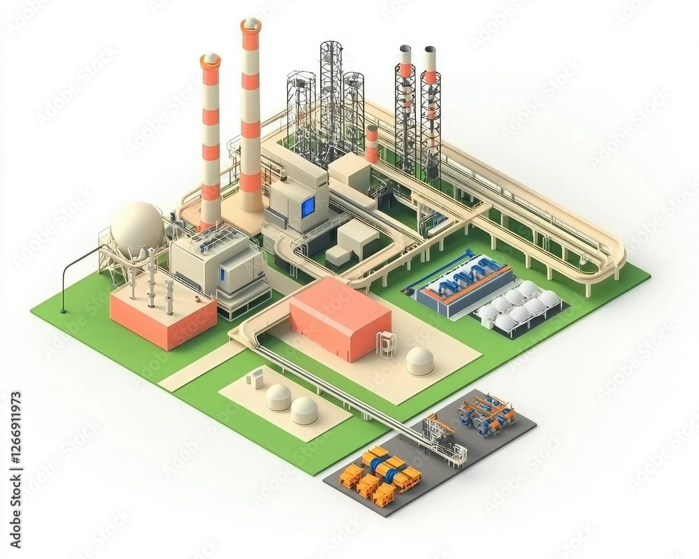 Obraz premium A 3D model of an industrial facility featuring smokestacks, pipelines, and storage units, showcasing energy production and manufacturing processes.