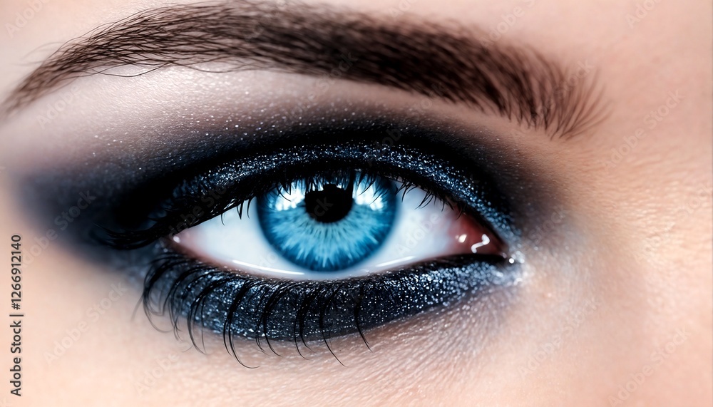 Obraz premium A close-up of a woman's eye featuring blue eyeshadow and glitter.