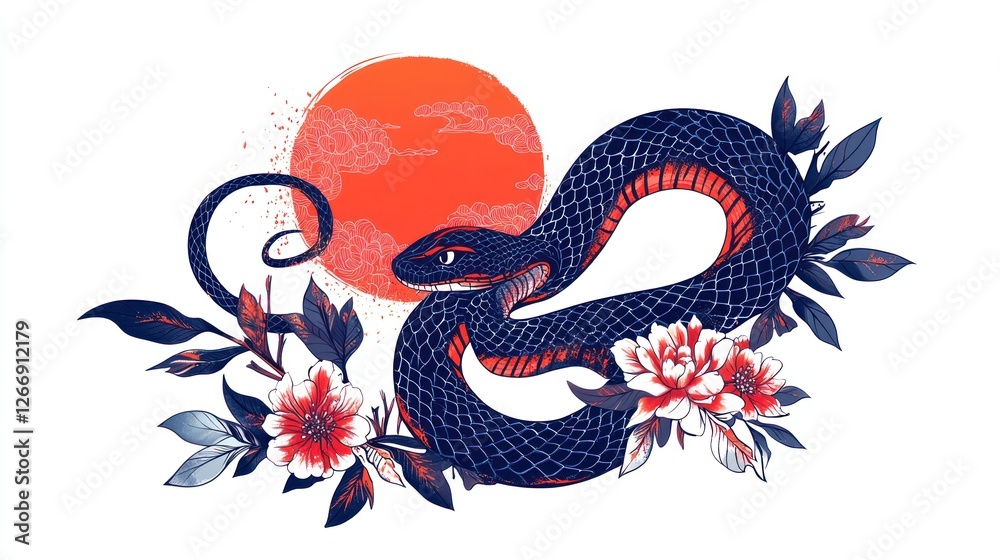 Obraz premium Black snake coiled, red sun, floral background, Japanese art style, tattoo design