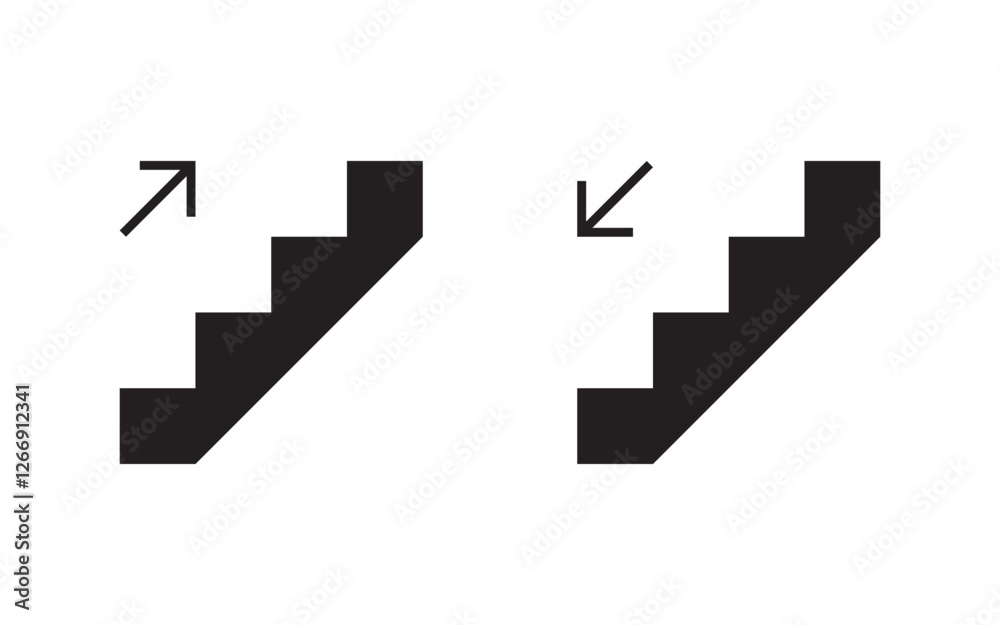 Collection of stair icons with arrows indicating upward and downward directions, ideal for signage, navigation, and wayfinding designs Collection of stair icons with arrows indicating upward and downward directions, ideal for signage, navigation, and wayfinding designs