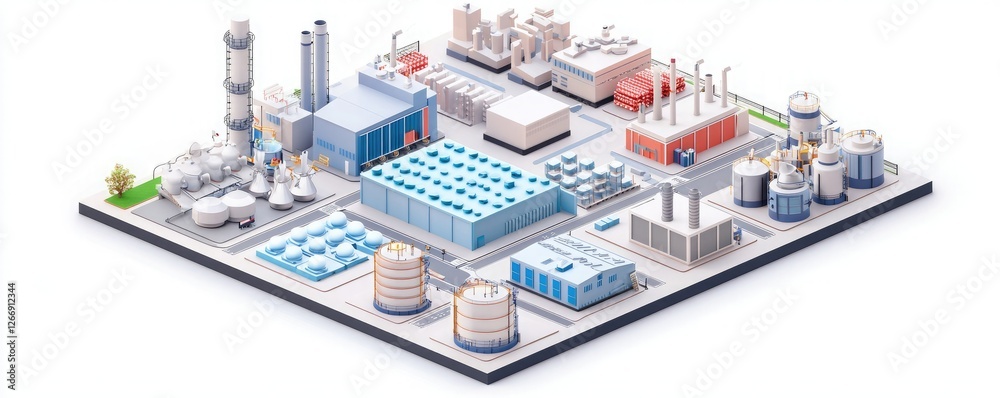 A stylized industrial complex featuring various factories, storage tanks, and pipelines, showcasing a modern manufacturing environment. A stylized industrial complex featuring various factories, storage tanks, and pipelines, showcasing a modern manufacturing environment.