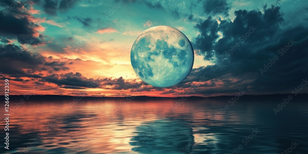 Stunning surreal landscape featuring a large moon over tranquil water at sunset