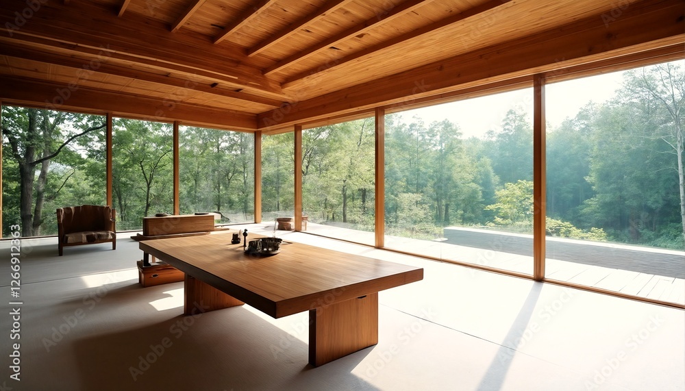 Obraz premium A modern minimalist living room with wooden furniture and large windows overlooking a serene wooded area.