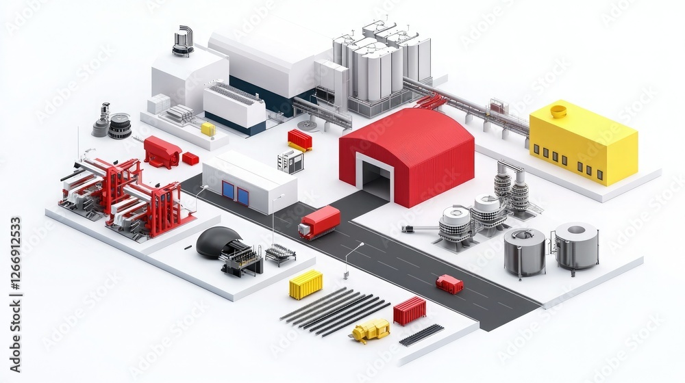 A colorful isometric illustration of an industrial complex featuring various buildings, machinery, and transportation vehicles, showcasing a modern manufacturing environment.