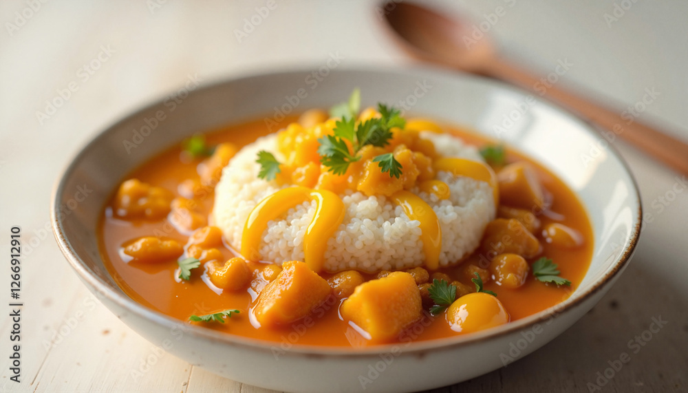 Egg curry with rich sauce served over rice in a bowl garnished with cilantro for culinary concept Egg curry with rich sauce served over rice in a bowl garnished with cilantro for culinary concept