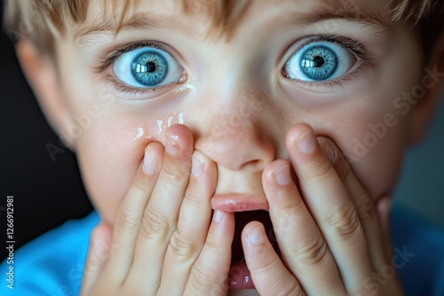 Young boy expresses shock with teary eyes and covered mouth in a home setting. Generative AI photo