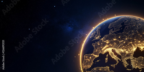 Earth at night with city lights over Europe for Earth Hour in dark space with copy space